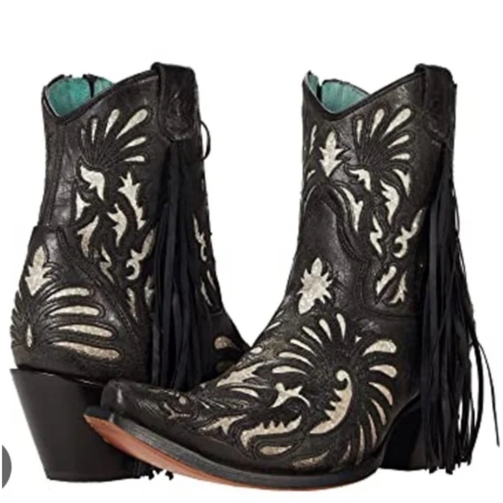 Corral Cowgirl fringe Boots - Black with Silver Glitter Inlays 7.5